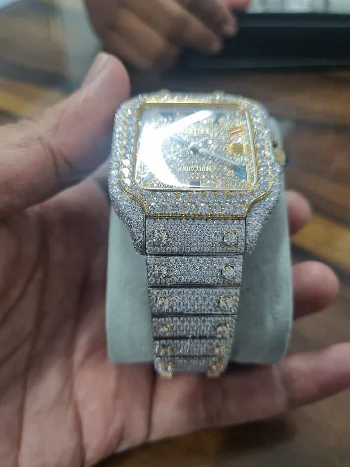 Fully moissanite Diamond Studded Men's Wrist Watch With Customized Pattern