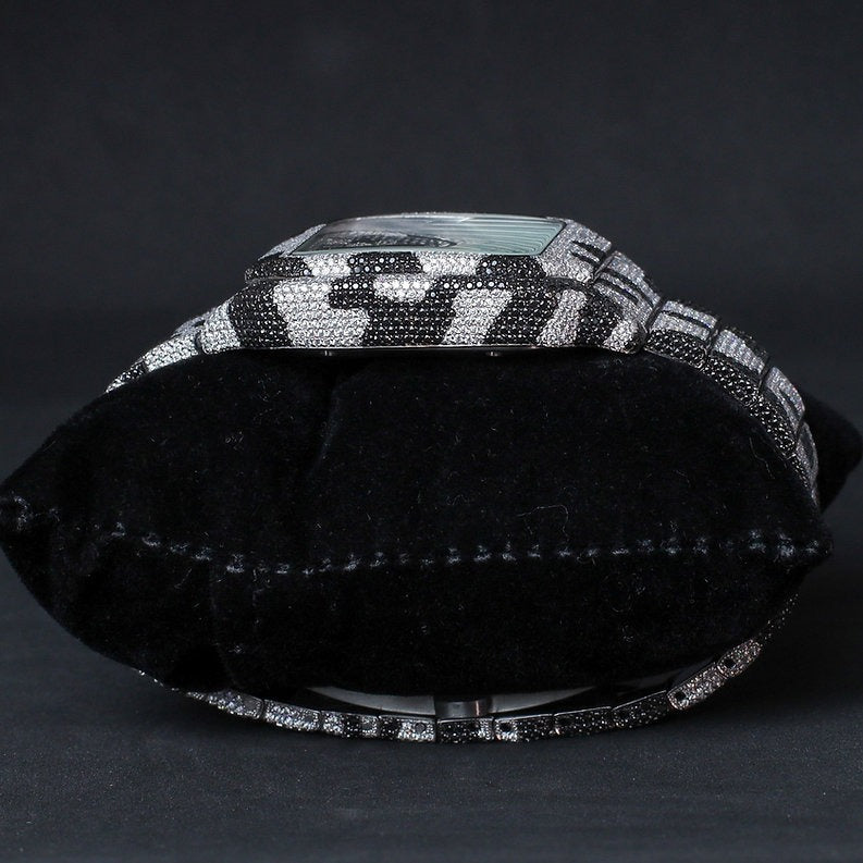 iced out black and white two tone Cartier moissanite watch