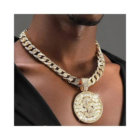 Mens Cuban Link Chain Necklace With Bling Dollar Miami Pendant Iced Out Hip Hop Jewellery