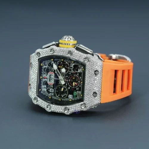 Hip Hop Moissanite Diamond Watch For Men's With Orange Rubber Belt