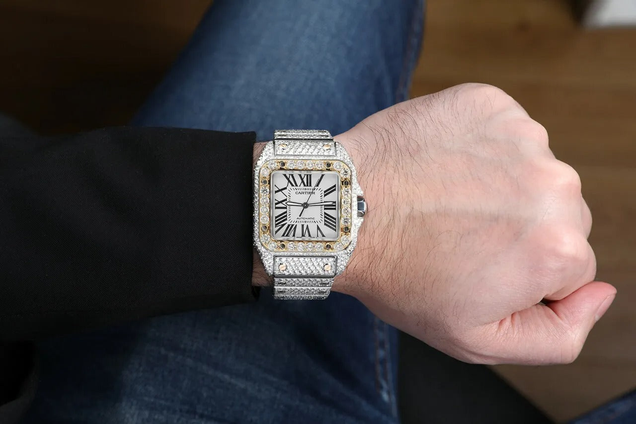 Cartier Santos iced out Moissanite Diamond Watch - Luxury Wristwatch