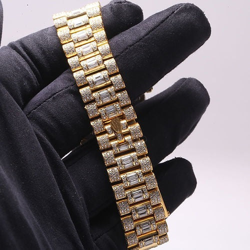 iced out Rolex moissanite watch with baguette setting