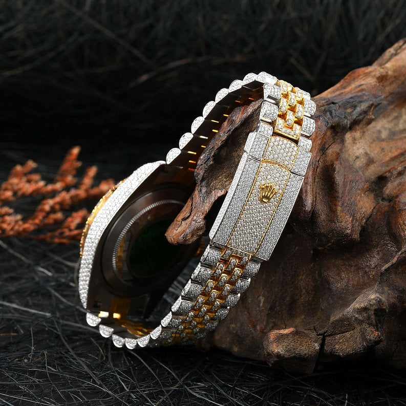 Rolex full iced out dual tone White & Yellow Gold Moissanite Diamond watch