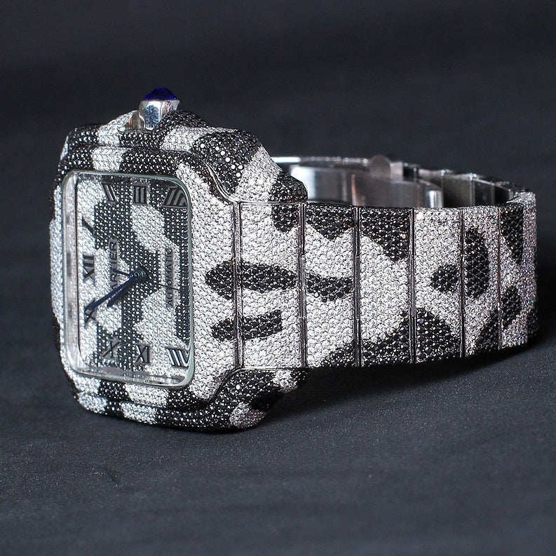 iced out black and white two tone Cartier moissanite watch