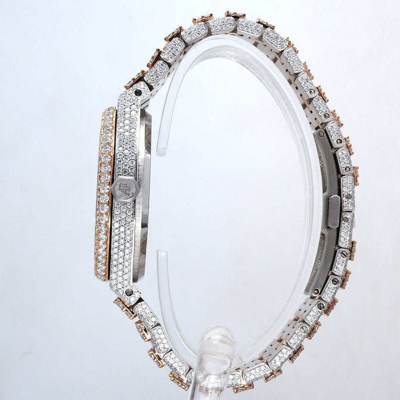 fully iced out AP moissanite watch rose gold dual tone