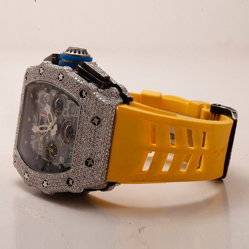 iced out Richard Mille moissanite watch yellow rubber strap
