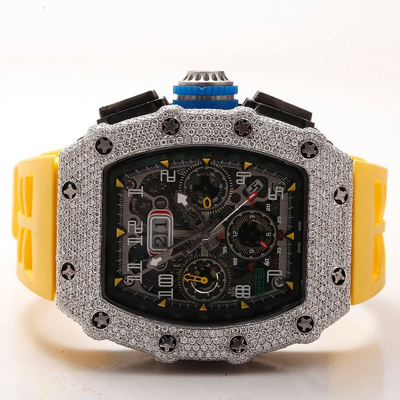 iced out Richard Mille moissanite watch yellow rubber strap