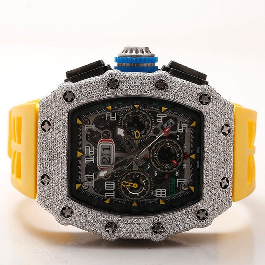 iced out Richard Mille moissanite watch yellow rubber strap