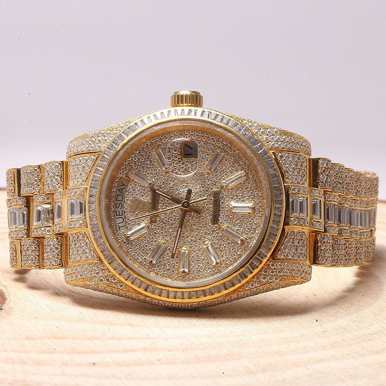 iced out Rolex moissanite watch with baguette setting