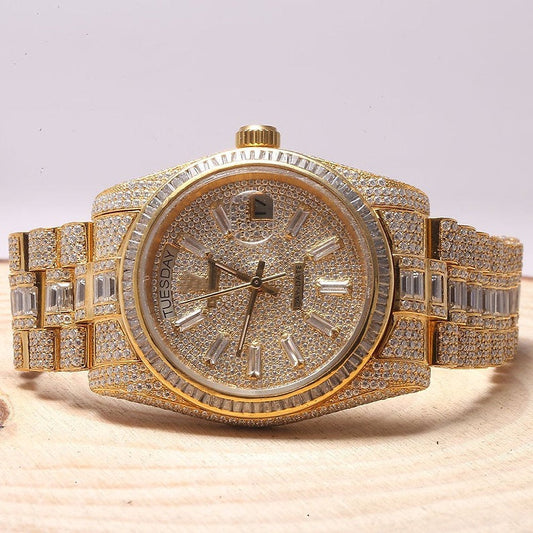 iced out Rolex moissanite watch with baguette setting