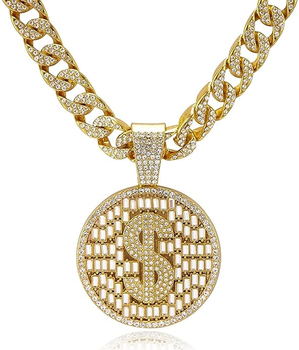 Mens Cuban Link Chain Necklace With Bling Dollar Miami Pendant Iced Out Hip Hop Jewellery