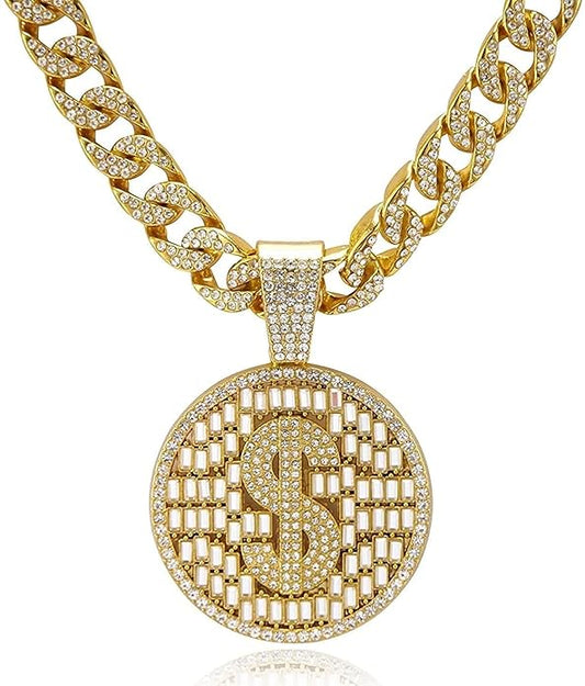 Mens Cuban Link Chain Necklace With Bling Dollar Miami Pendant Iced Out Hip Hop Jewellery