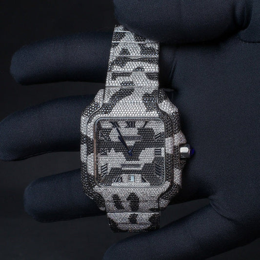 iced out black and white two tone Cartier moissanite watch