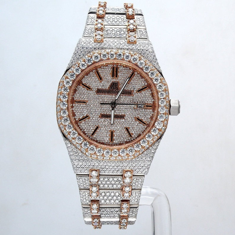 fully iced out AP moissanite watch rose gold dual tone