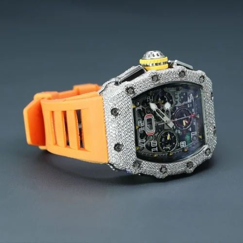 Hip Hop Moissanite Diamond Watch For Men's With Orange Rubber Belt