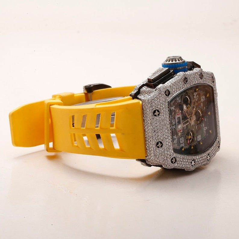 iced out Richard Mille moissanite watch yellow rubber strap