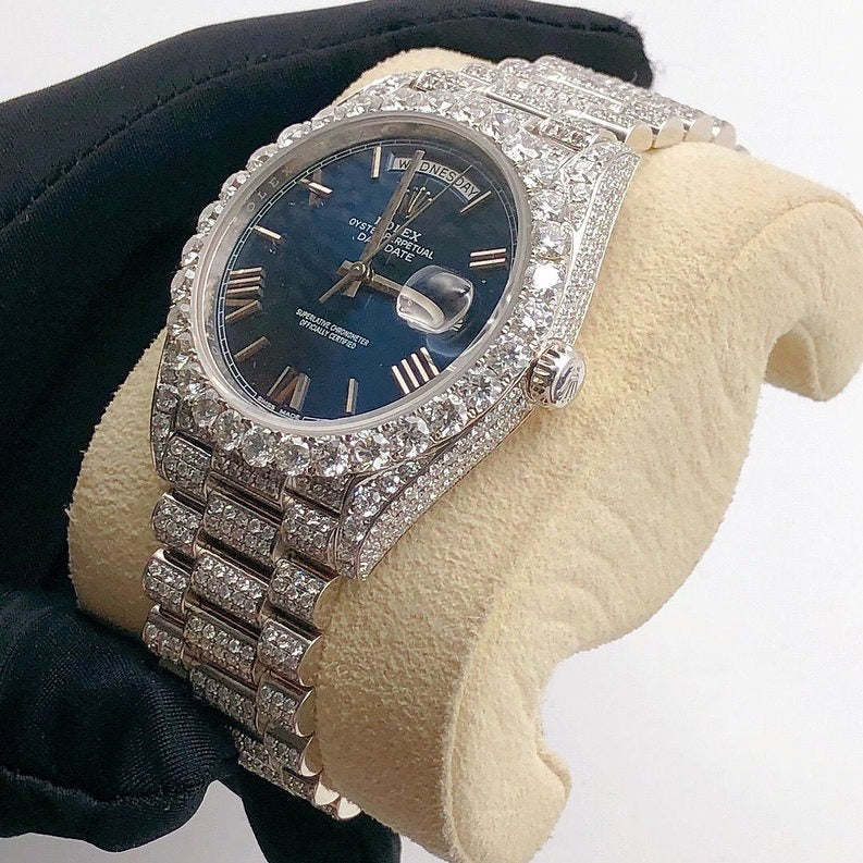 Rolex Day-Date Blue Dial fully iced out Moissanite Diamond Watch