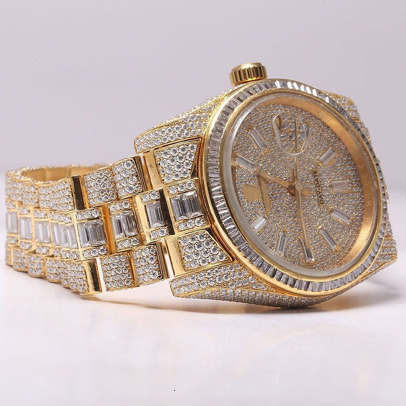 iced out Rolex moissanite watch with baguette setting