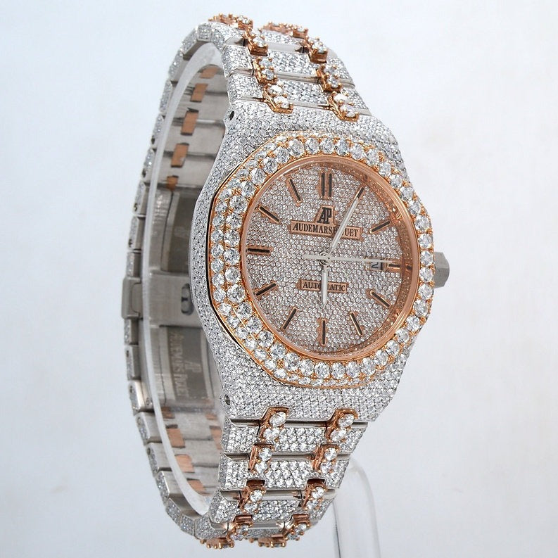 fully iced out AP moissanite watch rose gold dual tone