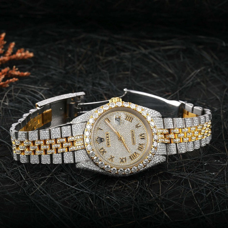Rolex full iced out dual tone White & Yellow Gold Moissanite Diamond watch