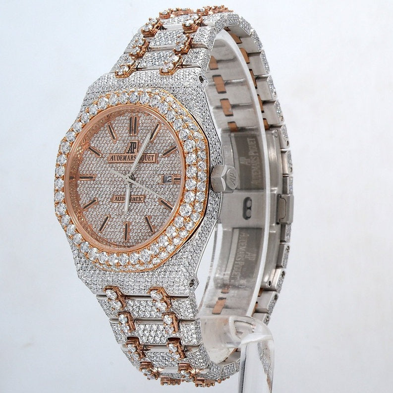 fully iced out AP moissanite watch rose gold dual tone