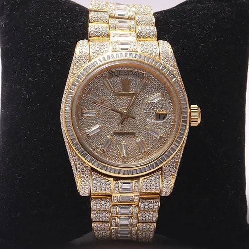 iced out Rolex moissanite watch with baguette setting