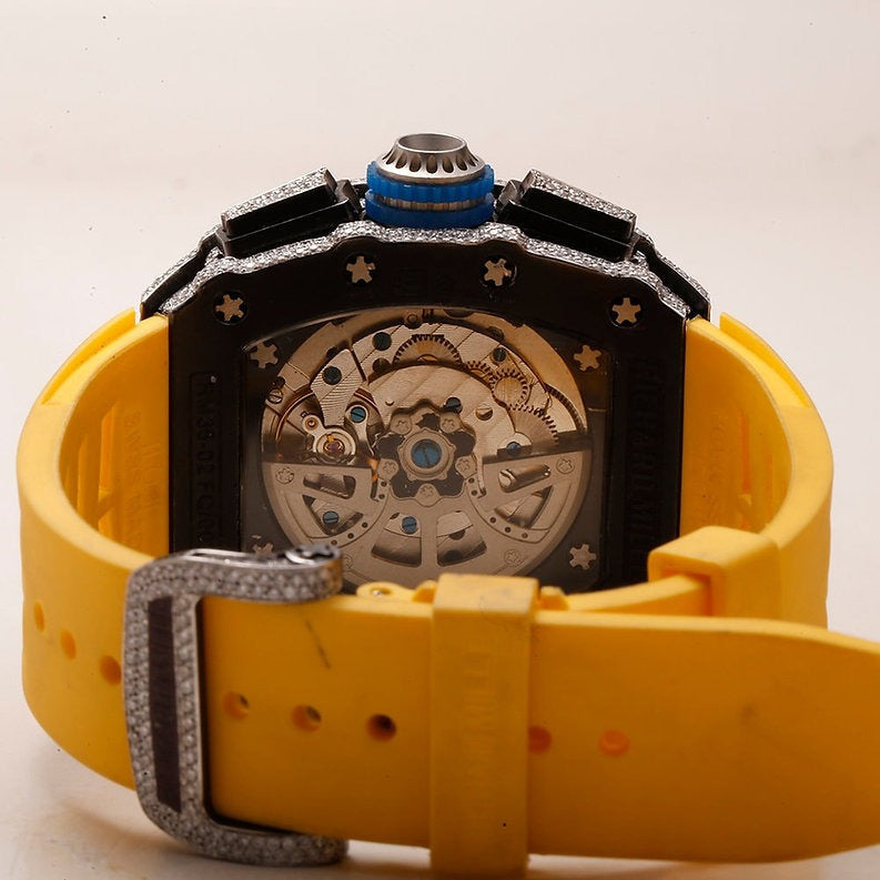 iced out Richard Mille moissanite watch yellow rubber strap