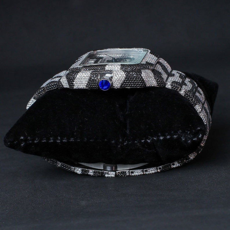 iced out black and white two tone Cartier moissanite watch