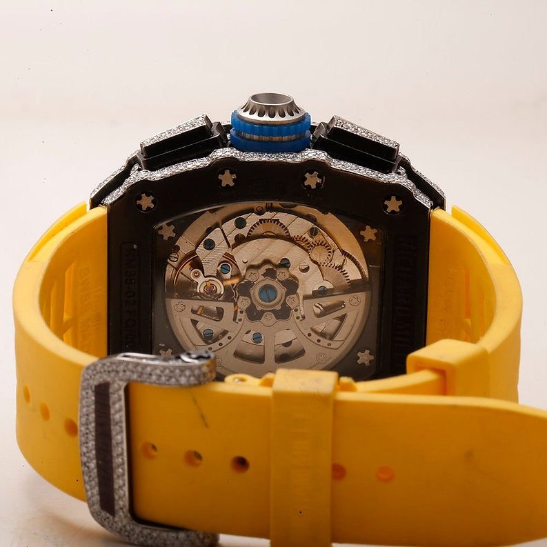iced out Richard Mille moissanite watch yellow rubber strap