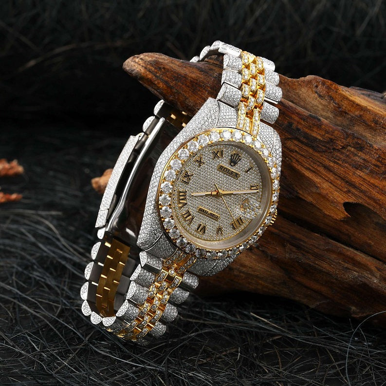 Rolex full iced out dual tone White & Yellow Gold Moissanite Diamond watch