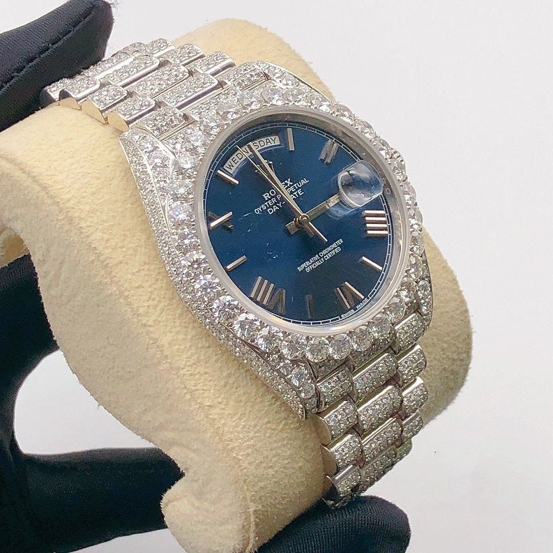 Rolex Day-Date Blue Dial fully iced out Moissanite Diamond Watch