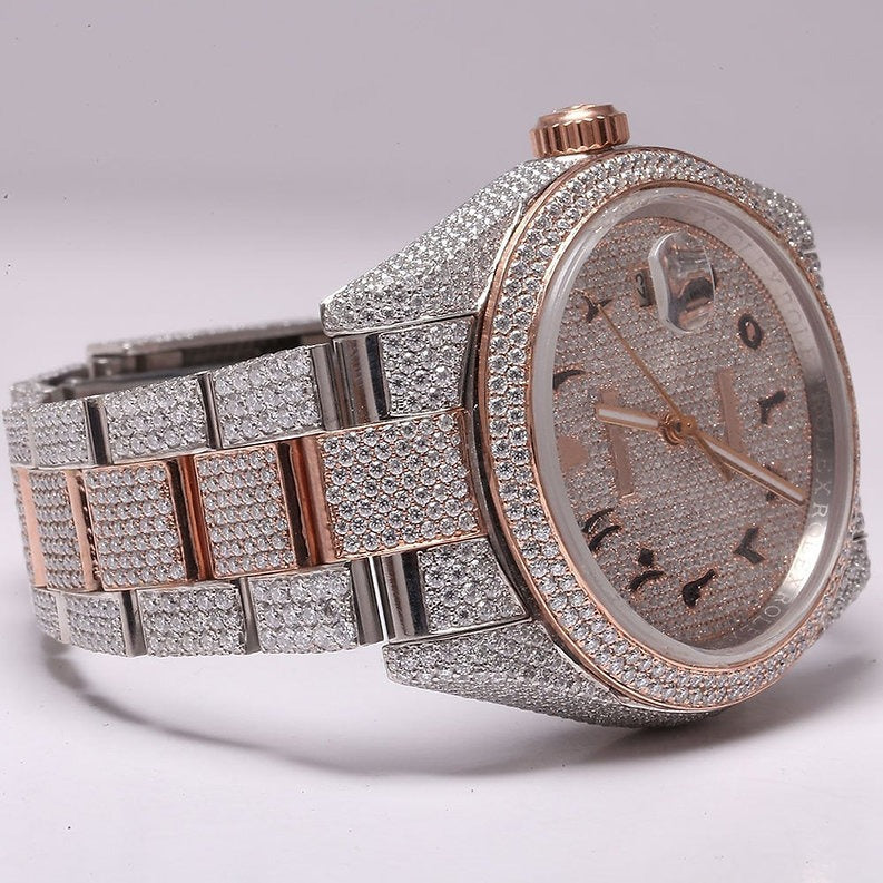 iced out Rolex moissanite watch dual tone rose gold