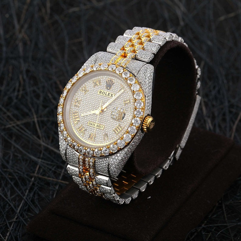 Rolex full iced out dual tone White & Yellow Gold Moissanite Diamond watch