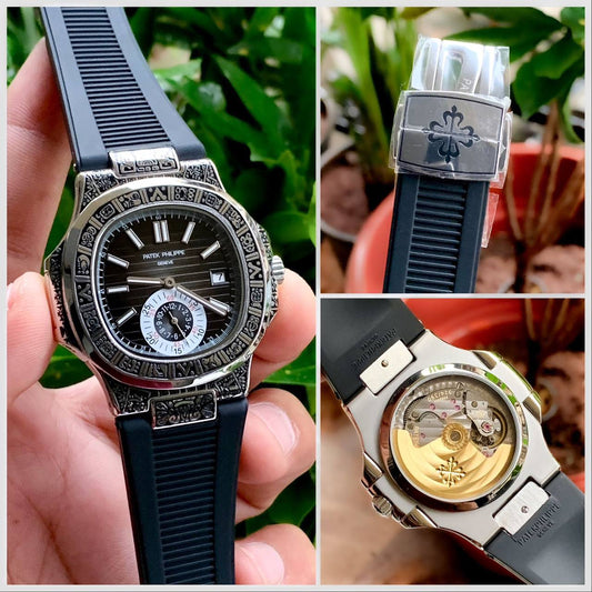 Super Clone Patek Phillippe Nautilus Black Dial With Leather Belt