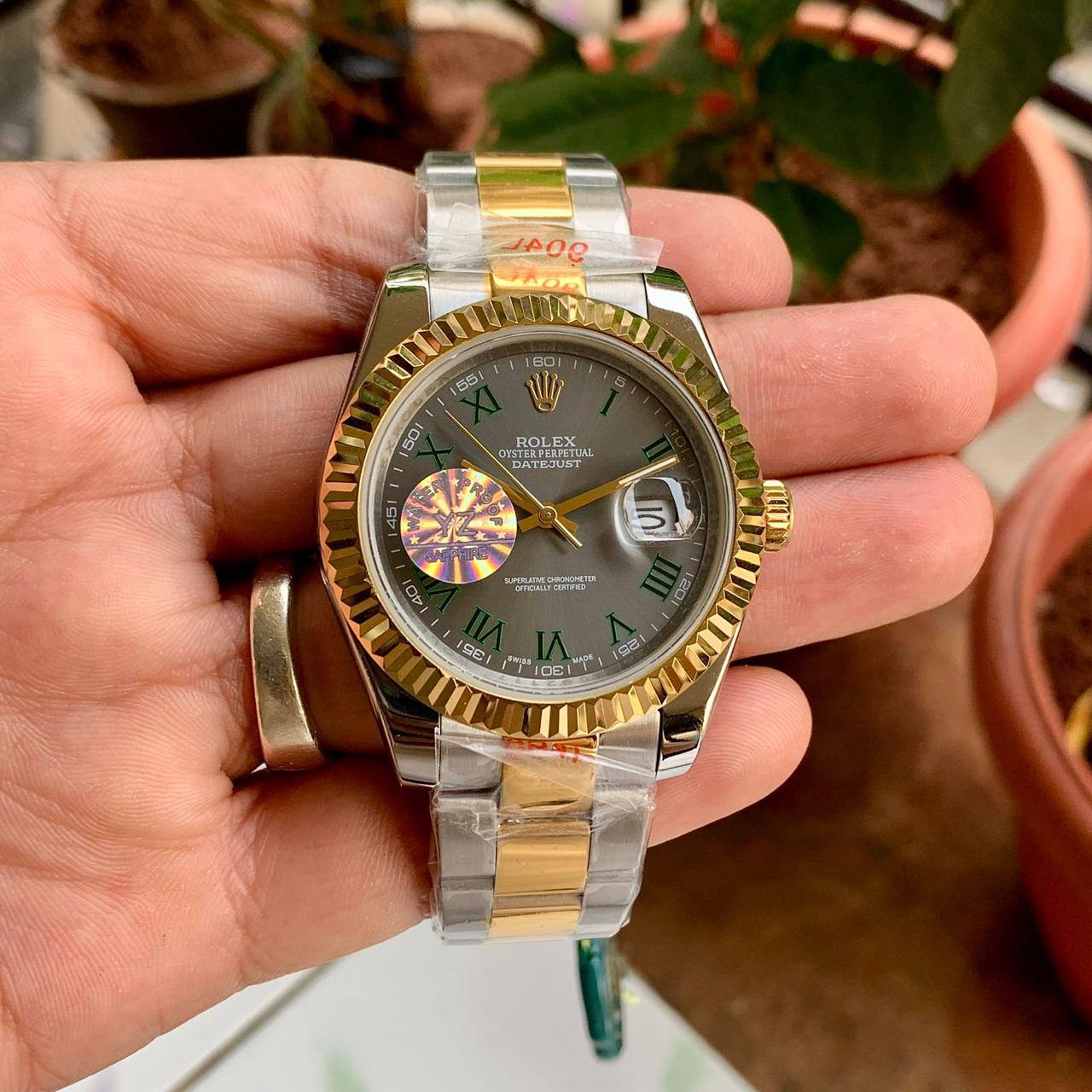 Super Clone Rolex Date just Two Tone with Green Dial
